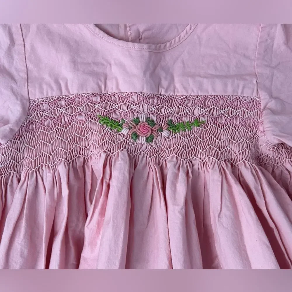 Dollcake pink long sleeve smocked girls faith dress floral rose sz 8 100% cotton